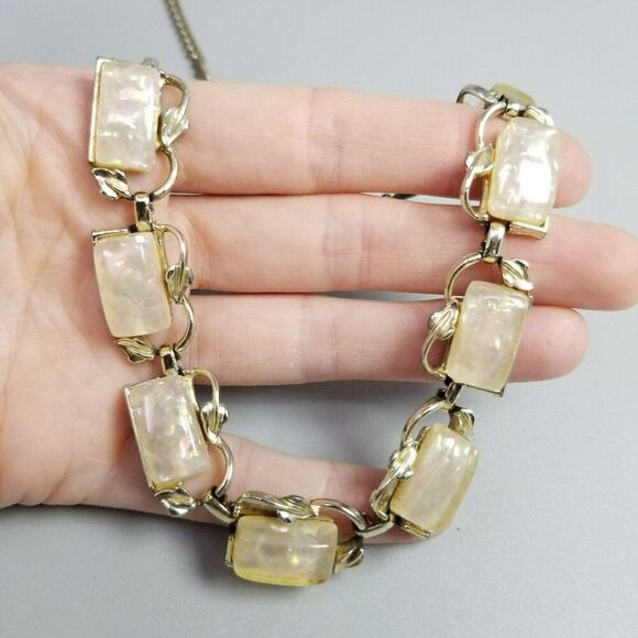 Vintage Cream Lucite Rectangle Cabochon Panel Collar Necklace, Silver Tone Chain - Picture 2 of 8